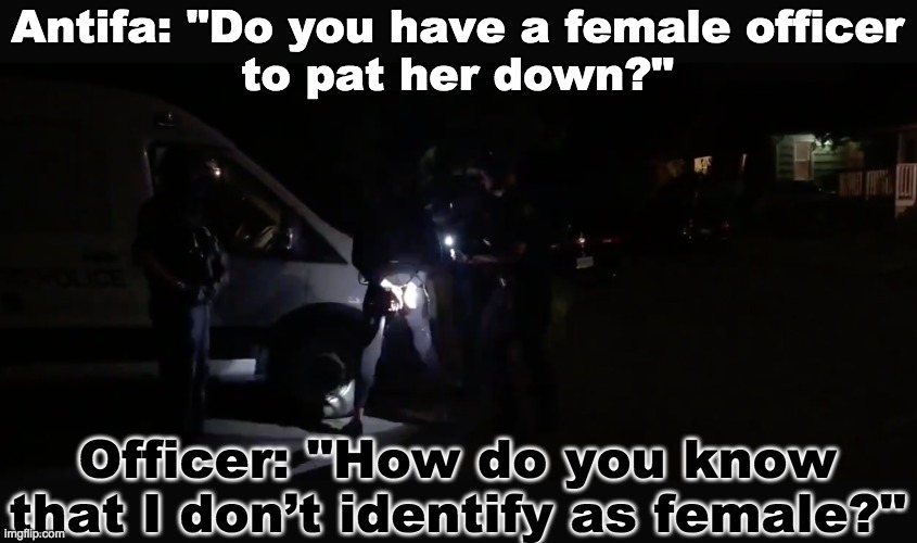 Do you have a female officer to pat her down? | Antifa: "Do you have a female officer
to pat her down?"; Officer: "How do you know
that I don’t identify as female?" | image tagged in antifa,arrest,gender identity,gender confusion | made w/ Imgflip meme maker