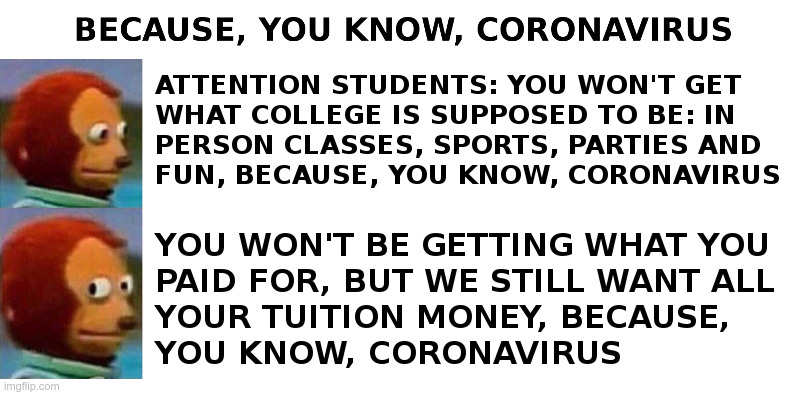 Coronavirus Justifies Everything | image tagged in covid,college,students,coronavirus,lockdown,forever | made w/ Imgflip meme maker