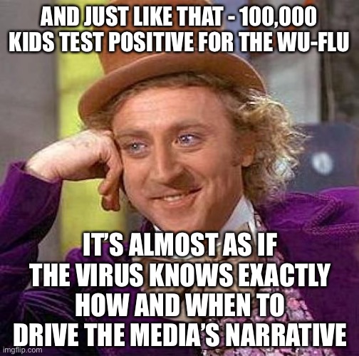 Things that make you go hmmm.... | AND JUST LIKE THAT - 100,000 KIDS TEST POSITIVE FOR THE WU-FLU; IT’S ALMOST AS IF THE VIRUS KNOWS EXACTLY HOW AND WHEN TO DRIVE THE MEDIA’S NARRATIVE | image tagged in fake news,covidiots,hoax | made w/ Imgflip meme maker