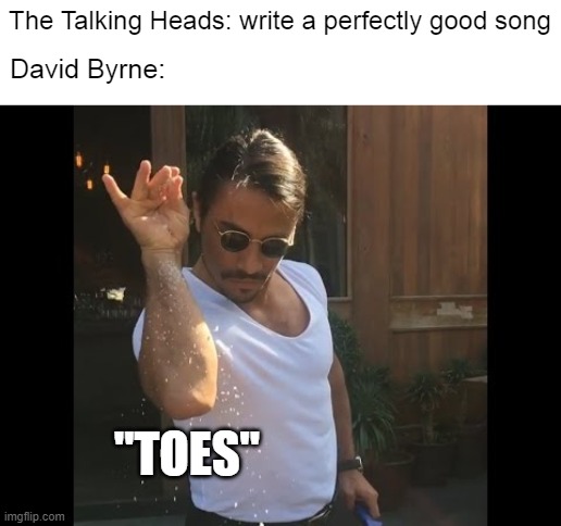 David Byrne is a cringy weirdo. | David Byrne:; The Talking Heads: write a perfectly good song; "TOES" | image tagged in salt guy,david byrne,the talking heads,talking heads,song lyrics,music memes | made w/ Imgflip meme maker