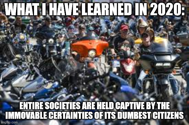 What I Have Learned In 2020 | WHAT I HAVE LEARNED IN 2020:; ENTIRE SOCIETIES ARE HELD CAPTIVE BY THE IMMOVABLE CERTAINTIES OF ITS DUMBEST CITIZENS | image tagged in covid,covidiots,dumb | made w/ Imgflip meme maker