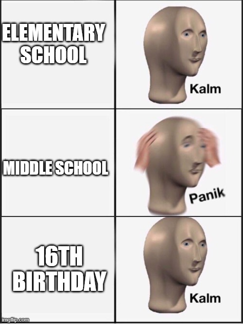 Kalm panik kalm | ELEMENTARY SCHOOL; MIDDLE SCHOOL; 16TH BIRTHDAY | image tagged in kalm panik kalm | made w/ Imgflip meme maker