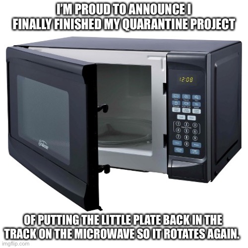 Finally got around to it | I’M PROUD TO ANNOUNCE I FINALLY FINISHED MY QUARANTINE PROJECT; OF PUTTING THE LITTLE PLATE BACK IN THE TRACK ON THE MICROWAVE SO IT ROTATES AGAIN. | image tagged in microwave oven,quarantine,project,handyman,memes,jokes | made w/ Imgflip meme maker
