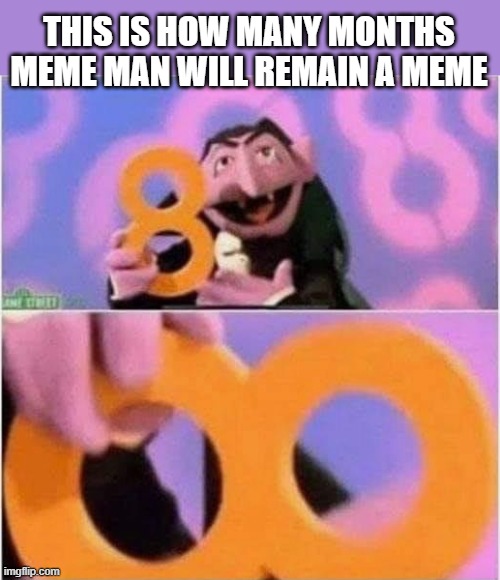 Meme man forever! | THIS IS HOW MANY MONTHS MEME MAN WILL REMAIN A MEME | image tagged in memes,meme man,infinity | made w/ Imgflip meme maker