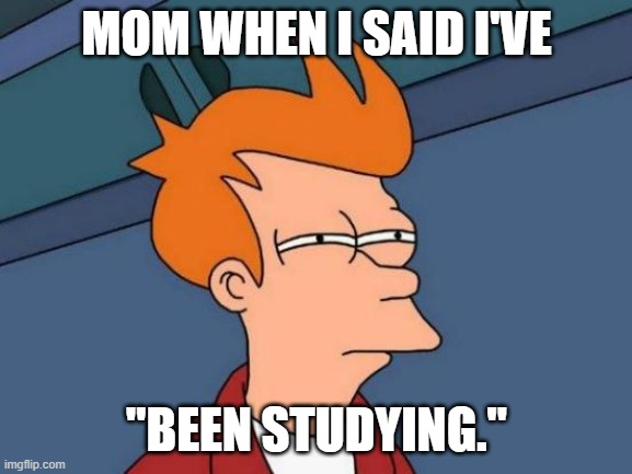 Moms | MOM WHEN I SAID I'VE; "BEEN STUDYING." | image tagged in memes,futurama fry | made w/ Imgflip meme maker