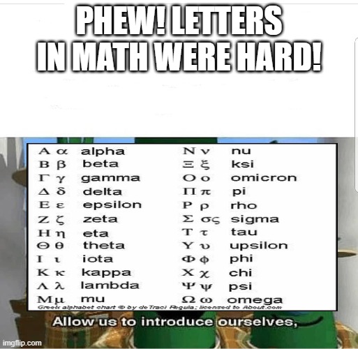Cal! | PHEW! LETTERS IN MATH WERE HARD! | image tagged in allow us to introduce ourselves | made w/ Imgflip meme maker