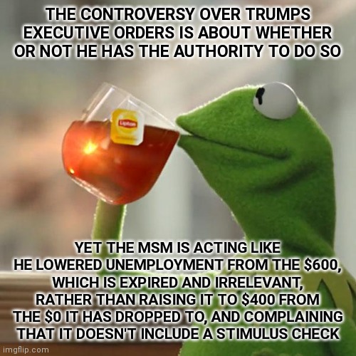 But That's None Of My Business Meme | THE CONTROVERSY OVER TRUMPS EXECUTIVE ORDERS IS ABOUT WHETHER OR NOT HE HAS THE AUTHORITY TO DO SO; YET THE MSM IS ACTING LIKE HE LOWERED UNEMPLOYMENT FROM THE $600, WHICH IS EXPIRED AND IRRELEVANT, RATHER THAN RAISING IT TO $400 FROM THE $0 IT HAS DROPPED TO, AND COMPLAINING THAT IT DOESN'T INCLUDE A STIMULUS CHECK | image tagged in memes,but that's none of my business,kermit the frog | made w/ Imgflip meme maker