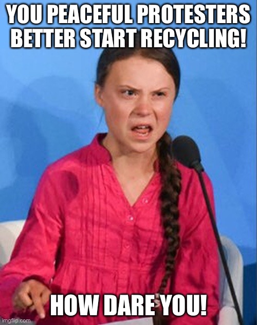 Protesters better recycle | YOU PEACEFUL PROTESTERS BETTER START RECYCLING! HOW DARE YOU! | image tagged in greta thunberg how dare you | made w/ Imgflip meme maker