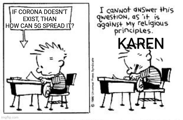 I cannot answer this question | IF CORONA DOESN'T EXIST, THAN HOW CAN 5G SPREAD IT? KAREN | image tagged in i cannot answer this question | made w/ Imgflip meme maker