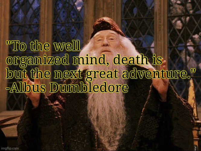 Dumbledore | "To the well organized mind, death is but the next great adventure."
-Albus Dumbledore | image tagged in dumbledore | made w/ Imgflip meme maker