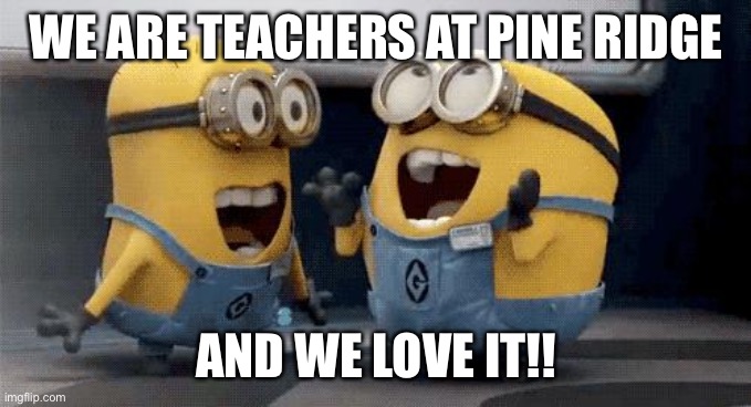 Excited Minions Meme | WE ARE TEACHERS AT PINE RIDGE; AND WE LOVE IT!! | image tagged in memes,excited minions | made w/ Imgflip meme maker
