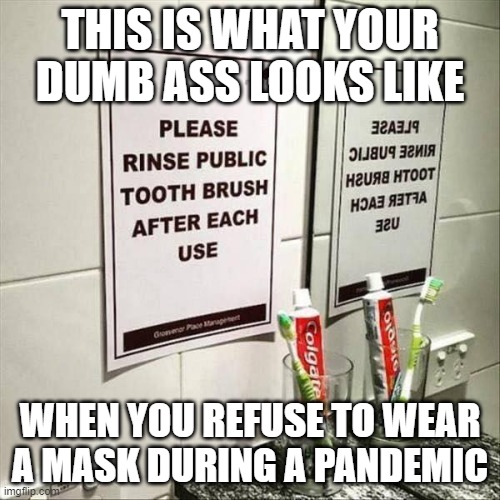 unsanitary | THIS IS WHAT YOUR DUMB ASS LOOKS LIKE; WHEN YOU REFUSE TO WEAR A MASK DURING A PANDEMIC | image tagged in mask,face mas,covid-19 | made w/ Imgflip meme maker