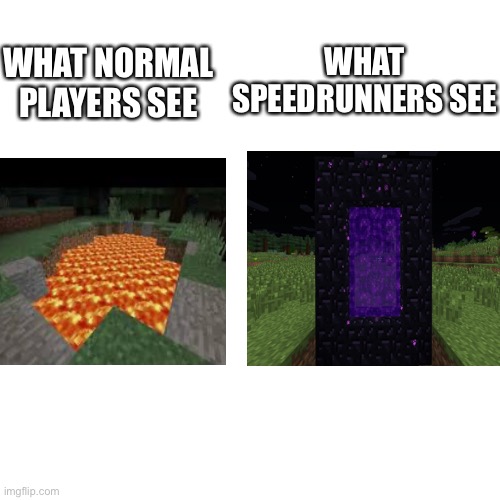 BLANK | WHAT SPEEDRUNNERS SEE; WHAT NORMAL PLAYERS SEE | image tagged in blank | made w/ Imgflip meme maker