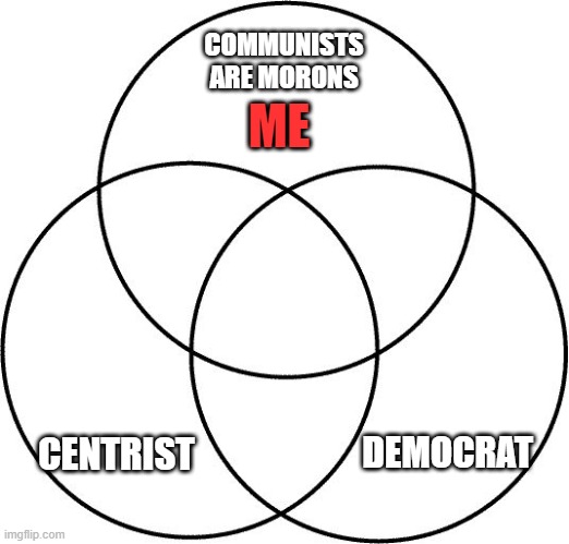 Just saying | COMMUNISTS ARE MORONS; ME; DEMOCRAT; CENTRIST | image tagged in venn diagram | made w/ Imgflip meme maker