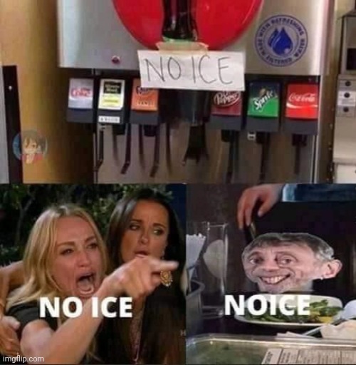 No ice | image tagged in woman yelling at cat,noice | made w/ Imgflip meme maker