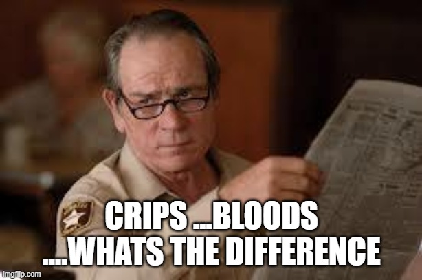 no country for old men tommy lee jones | CRIPS ...BLOODS ....WHATS THE DIFFERENCE | image tagged in no country for old men tommy lee jones | made w/ Imgflip meme maker