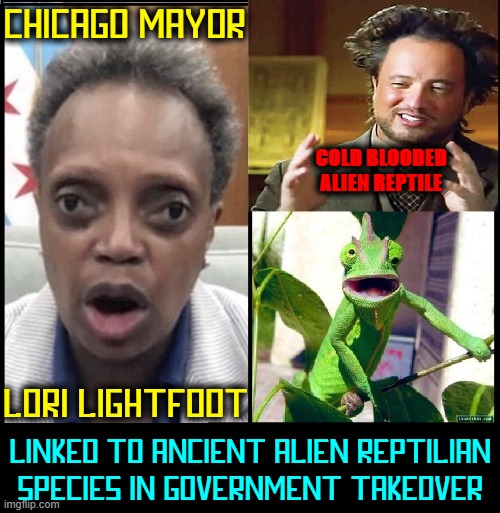 Reptile Aliens Inbred with Humans Produce Creatures Like This | CHICAGO MAYOR; COLD BLOODED
ALIEN REPTILE; LORI LIGHTFOOT; LINKED TO ANCIENT ALIEN REPTILIAN
SPECIES IN GOVERNMENT TAKEOVER | image tagged in vince vance,lori lightfoot,chicago,mayor,memes,ancient aliens guy | made w/ Imgflip meme maker