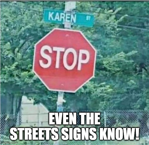No Karen! | EVEN THE STREETS SIGNS KNOW! | image tagged in funny signs | made w/ Imgflip meme maker