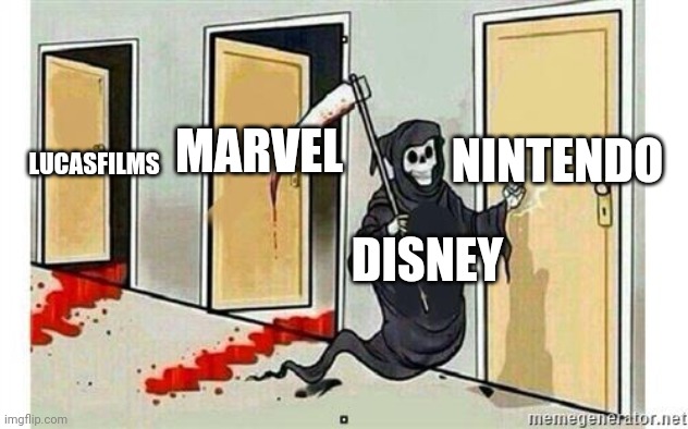 OH FRICK NO!  At least we know it will never happen....Right? | LUCASFILMS; MARVEL; NINTENDO; DISNEY | image tagged in grim reaper knocking door,disney,nintendo | made w/ Imgflip meme maker