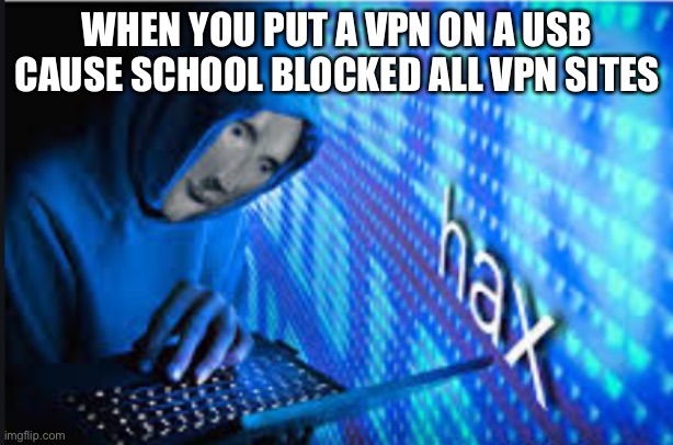 Hax | WHEN YOU PUT A VPN ON A USB CAUSE SCHOOL BLOCKED ALL VPN SITES | image tagged in hax | made w/ Imgflip meme maker