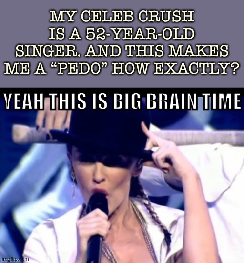 When you put on your thinking cap to combat dumb accusations of pedophilia. | MY CELEB CRUSH IS A 52-YEAR-OLD SINGER. AND THIS MAKES ME A “PEDO” HOW EXACTLY? | image tagged in kylie yeah this is big brain time,pedo,celebrity,crush,yeah this is big brain time,pedophilia | made w/ Imgflip meme maker