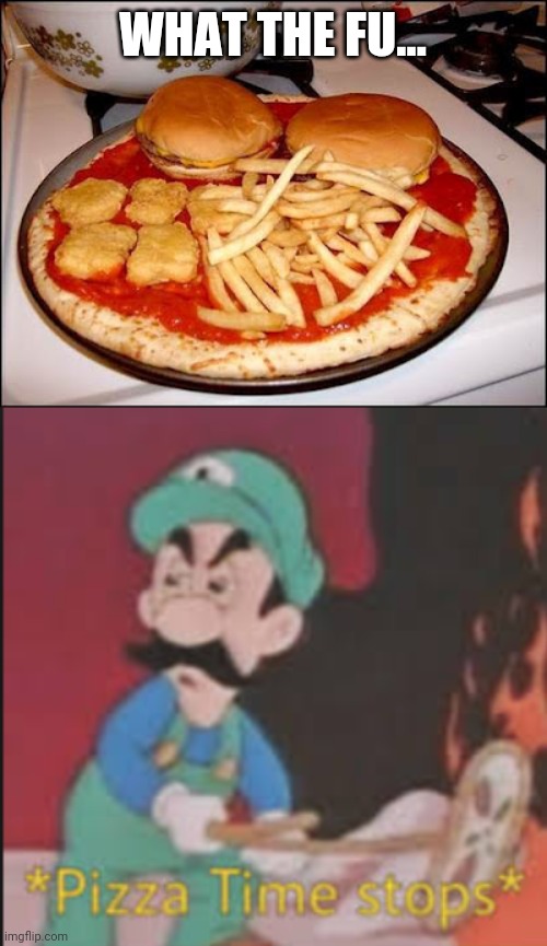 I dont know if i would eat that are not... | WHAT THE FU... | image tagged in pizza time stops | made w/ Imgflip meme maker