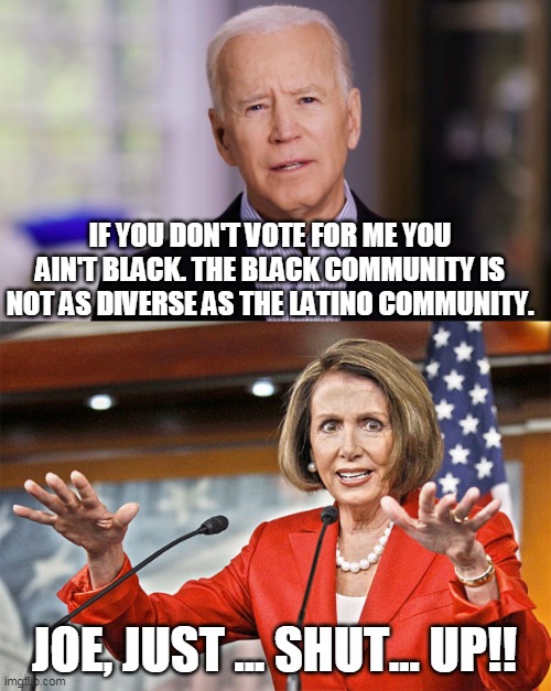 Joe Biden | IF YOU DON'T VOTE FOR ME YOU AIN'T BLACK. THE BLACK COMMUNITY IS NOT AS DIVERSE AS THE LATINO COMMUNITY. JOE, JUST ... SHUT... UP!! | image tagged in nancy pelosi is crazy,joe biden 2020 | made w/ Imgflip meme maker