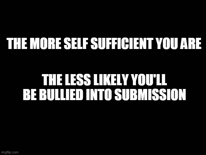 Self Sufficiency | THE MORE SELF SUFFICIENT YOU ARE; THE LESS LIKELY YOU'LL BE BULLIED INTO SUBMISSION | image tagged in freedom,self sufficiency | made w/ Imgflip meme maker
