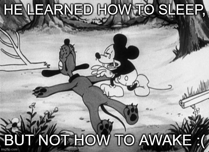 R.I.P. pluto, he was too stupid | HE LEARNED HOW TO SLEEP, BUT NOT HOW TO AWAKE :( | image tagged in mickey mouse with dead pluto | made w/ Imgflip meme maker