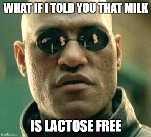 What if i told you | WHAT IF I TOLD YOU THAT MILK IS LACTOSE FREE | image tagged in what if i told you | made w/ Imgflip meme maker