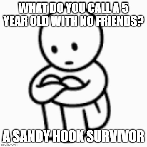 No Friends | WHAT DO YOU CALL A 5 YEAR OLD WITH NO FRIENDS? A SANDY HOOK SURVIVOR | image tagged in lonely boi | made w/ Imgflip meme maker