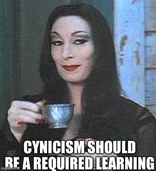 Cynicism is Sexy | CYNICISM SHOULD BE A REQUIRED LEARNING | image tagged in morticia addams | made w/ Imgflip meme maker