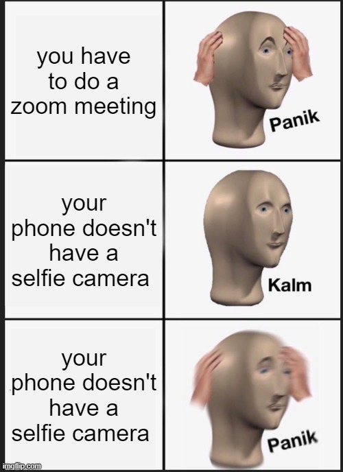 Panik Kalm Panik Meme | you have to do a zoom meeting; your phone doesn't have a selfie camera; your phone doesn't have a selfie camera | image tagged in memes,panik kalm panik | made w/ Imgflip meme maker