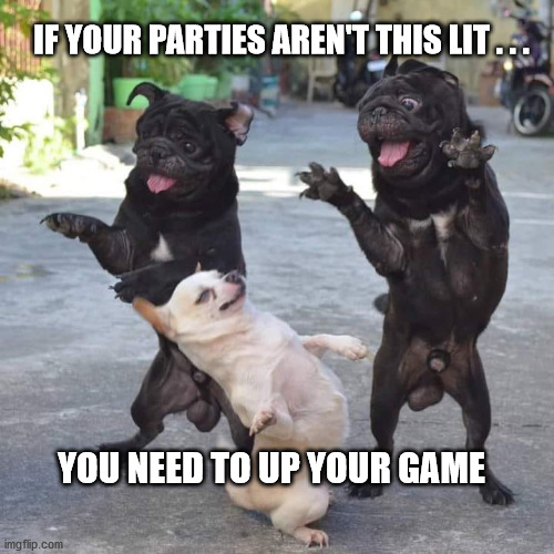 dog parties | IF YOUR PARTIES AREN'T THIS LIT . . . YOU NEED TO UP YOUR GAME | image tagged in dogs,dancing,parties,lit | made w/ Imgflip meme maker