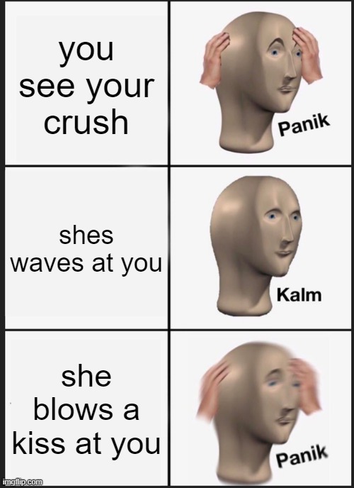 Panik Kalm Panik Meme | you see your crush; shes waves at you; she blows a kiss at you | image tagged in memes,panik kalm panik | made w/ Imgflip meme maker
