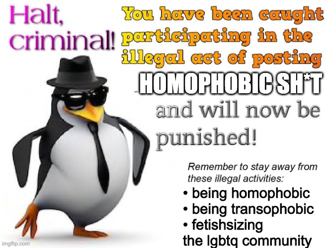 A hater response. | HOMOPHOBIC SH*T; • being homophobic
• being transophobic
• fetishsizing the lgbtq community | image tagged in halt criminal | made w/ Imgflip meme maker