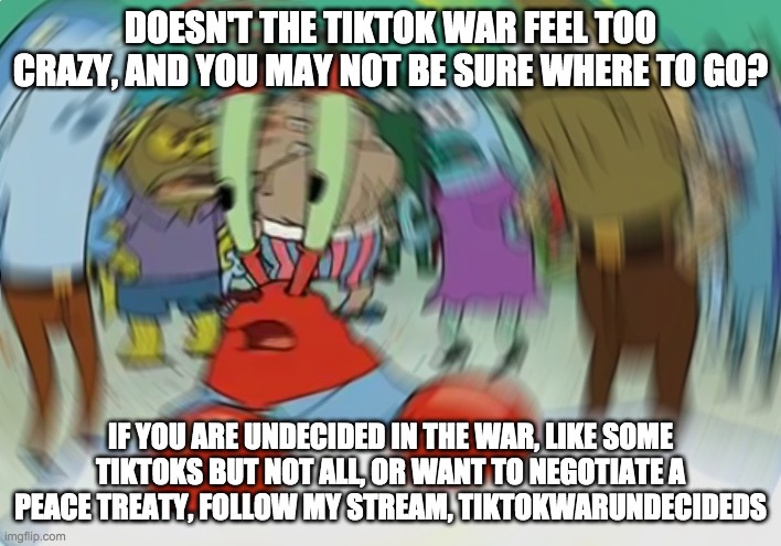 link in the comments | DOESN'T THE TIKTOK WAR FEEL TOO CRAZY, AND YOU MAY NOT BE SURE WHERE TO GO? IF YOU ARE UNDECIDED IN THE WAR, LIKE SOME TIKTOKS BUT NOT ALL, OR WANT TO NEGOTIATE A PEACE TREATY, FOLLOW MY STREAM, TIKTOKWARUNDECIDEDS | image tagged in memes,mr krabs blur meme | made w/ Imgflip meme maker