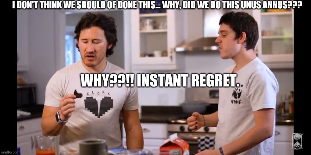 Unus Annus no regrets | I DON'T THINK WE SHOULD OF DONE THIS... WHY, DID WE DO THIS UNUS ANNUS??? WHY??!! INSTANT REGRET. | image tagged in funny | made w/ Imgflip meme maker