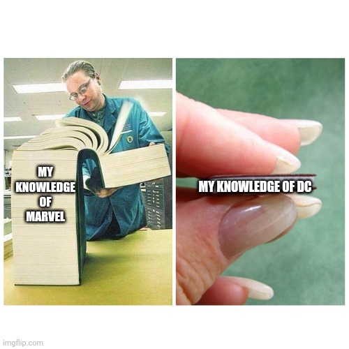 Marvel ? | MY KNOWLEDGE OF MARVEL; MY KNOWLEDGE OF DC | image tagged in big book vs little book,marvel,dc | made w/ Imgflip meme maker