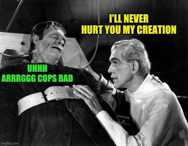 dr frankenstein | I'LL NEVER HURT YOU MY CREATION UHHH ARRRGGG COPS BAD | image tagged in dr frankenstein | made w/ Imgflip meme maker