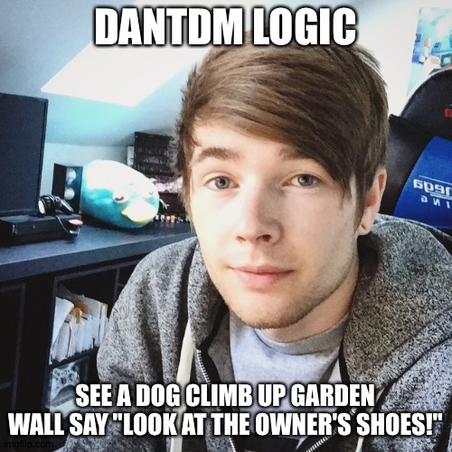 dantdm | DANTDM LOGIC; SEE A DOG CLIMB UP GARDEN WALL SAY "LOOK AT THE OWNER'S SHOES!" | image tagged in dantdm | made w/ Imgflip meme maker