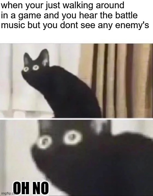 oh no | when your just walking around in a game and you hear the battle music but you dont see any enemy's; OH NO | image tagged in oh no black cat | made w/ Imgflip meme maker