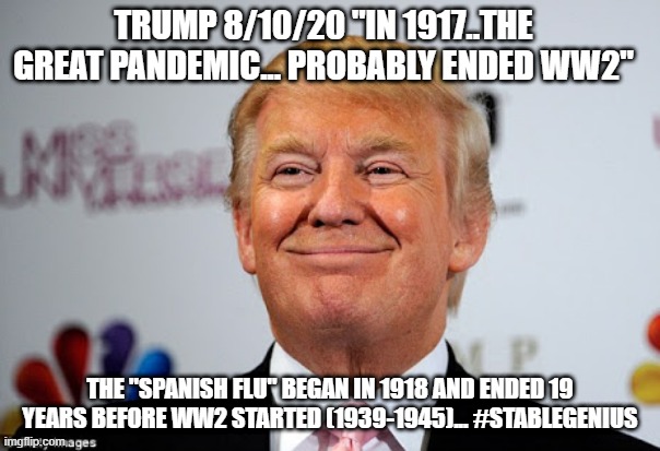 Trump classic comments | TRUMP 8/10/20 "IN 1917..THE GREAT PANDEMIC... PROBABLY ENDED WW2"; THE "SPANISH FLU" BEGAN IN 1918 AND ENDED 19 YEARS BEFORE WW2 STARTED (1939-1945)... #STABLEGENIUS | image tagged in donald trump approves,stable genius,donald trump is an idiot | made w/ Imgflip meme maker