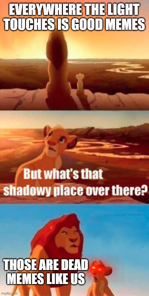 don't ask questions | EVERYWHERE THE LIGHT TOUCHES IS GOOD MEMES; THOSE ARE DEAD MEMES LIKE US | image tagged in memes,simba shadowy place | made w/ Imgflip meme maker