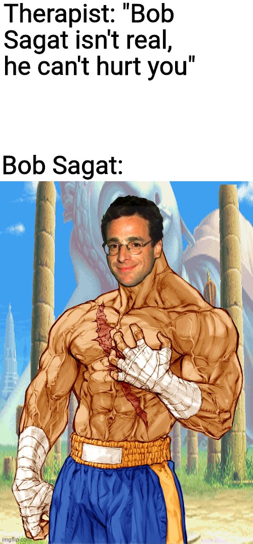 Bob Sagat | Therapist: "Bob Sagat isn't real, he can't hurt you"; Bob Sagat: | image tagged in bob sagat,bob saget,street fighter,full house,everywhere you look there's a tiger uppercut,tiger kick | made w/ Imgflip meme maker