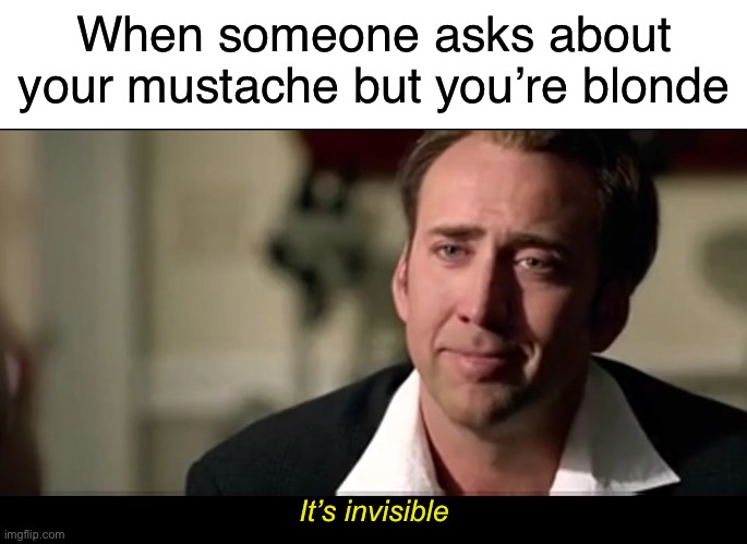 Blonde people, man. | When someone asks about your mustache but you’re blonde; It’s invisible | image tagged in blonde,funny,memes,national treasure,nicolas cage,mustache | made w/ Imgflip meme maker