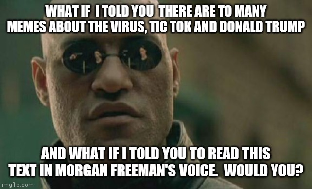 Matrix Morpheus Meme | WHAT IF  I TOLD YOU  THERE ARE TO MANY MEMES ABOUT THE VIRUS, TIC TOK AND DONALD TRUMP; AND WHAT IF I TOLD YOU TO READ THIS TEXT IN MORGAN FREEMAN'S VOICE.  WOULD YOU? | image tagged in memes,matrix morpheus | made w/ Imgflip meme maker