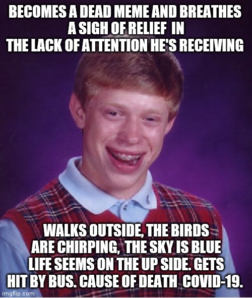 Bad Luck Brian Meme | BECOMES A DEAD MEME AND BREATHES 
A SIGH OF RELIEF  IN THE LACK OF ATTENTION HE'S RECEIVING WALKS OUTSIDE, THE BIRDS ARE CHIRPING,  THE SKY  | image tagged in memes,bad luck brian | made w/ Imgflip meme maker