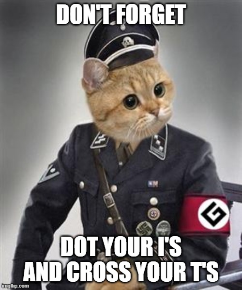 Grammar Nazi Cat | DON'T FORGET; DOT YOUR I'S AND CROSS YOUR T'S | image tagged in grammar nazi cat,grammar nazi,cats,funny cat memes | made w/ Imgflip meme maker