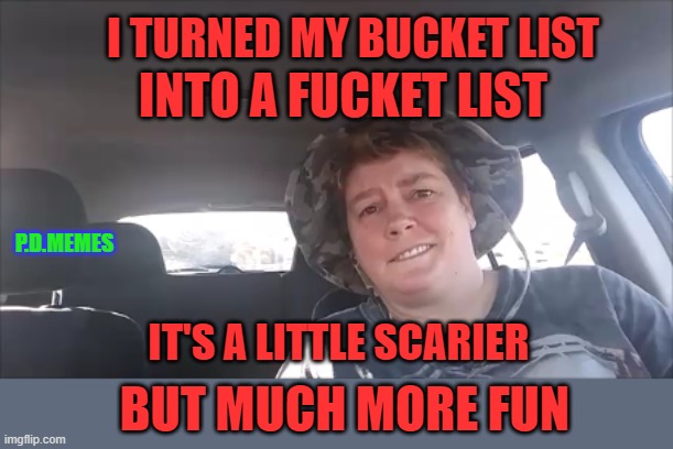 I TURNED MY BUCKET LIST; INTO A FUCKET LIST; P.D.MEMES; IT'S A LITTLE SCARIER; BUT MUCH MORE FUN | image tagged in funny memes,bucket list,memes,old | made w/ Imgflip meme maker